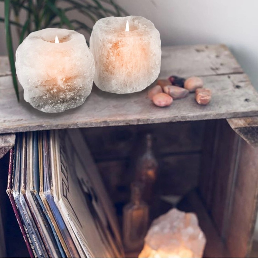Natural White Himalayan Salt Tea Light Candle Holders, Set of 2